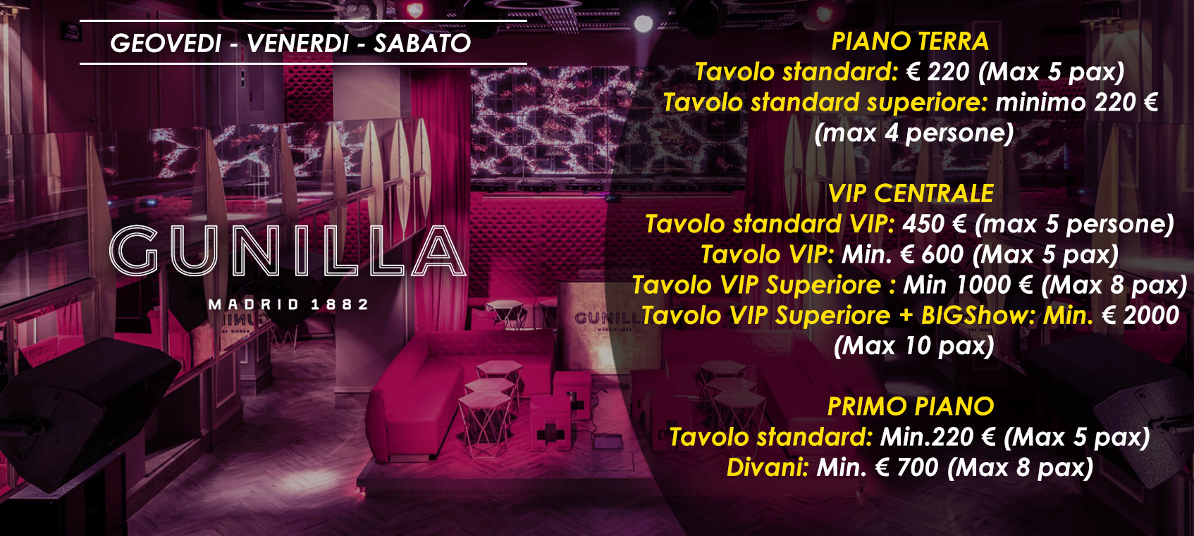 precio mesas vip discoteca gunilla